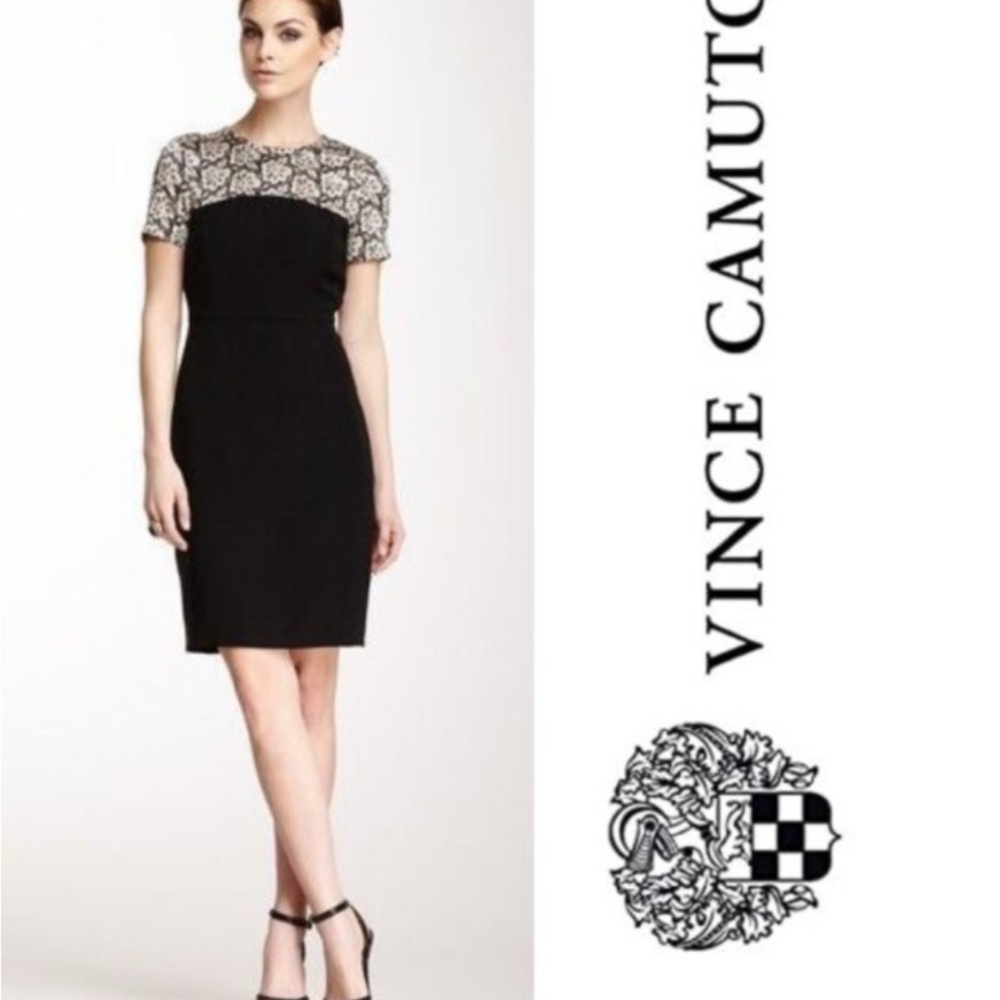 Vince Camuto Black Sheath Dress with Cream Lace Yoke
